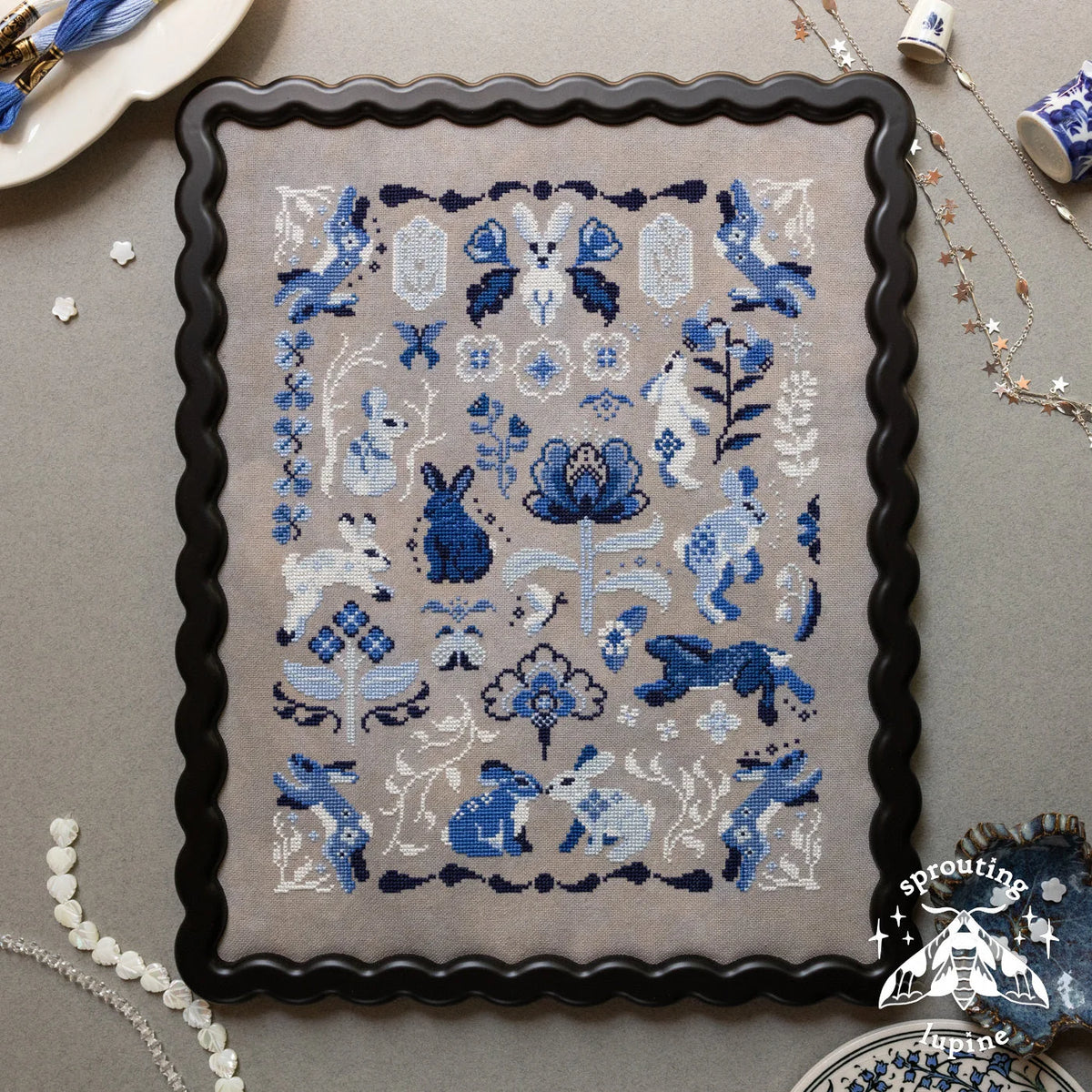 Sprouting Lupine - Delft Bunnies - Chart IH and/or Roxy Floss Conversion