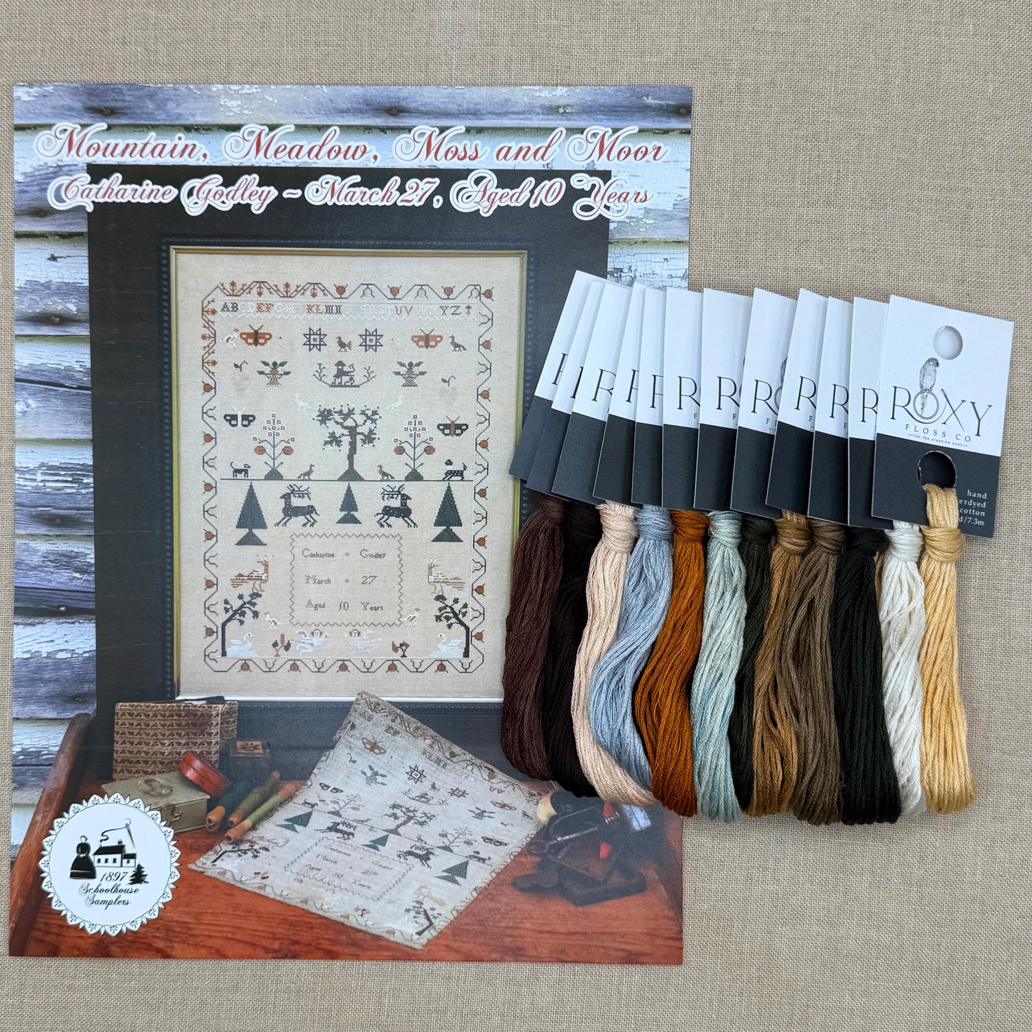 1897 Schoolhouse Samplers - Mountain, Meadow, Moss, and Moor: Catharine Godley March 27, Aged 10 Years - Physical Chart and/or Roxy Floss