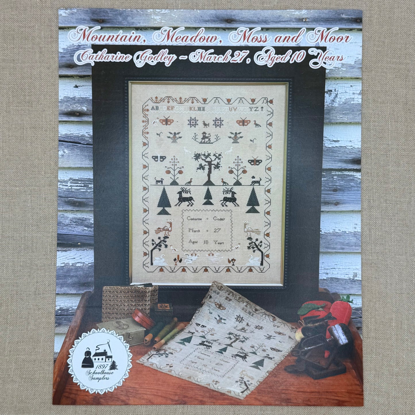 1897 Schoolhouse Samplers - Mountain, Meadow, Moss, and Moor: Catharine Godley March 27, Aged 10 Years - Physical Chart and/or Roxy Floss