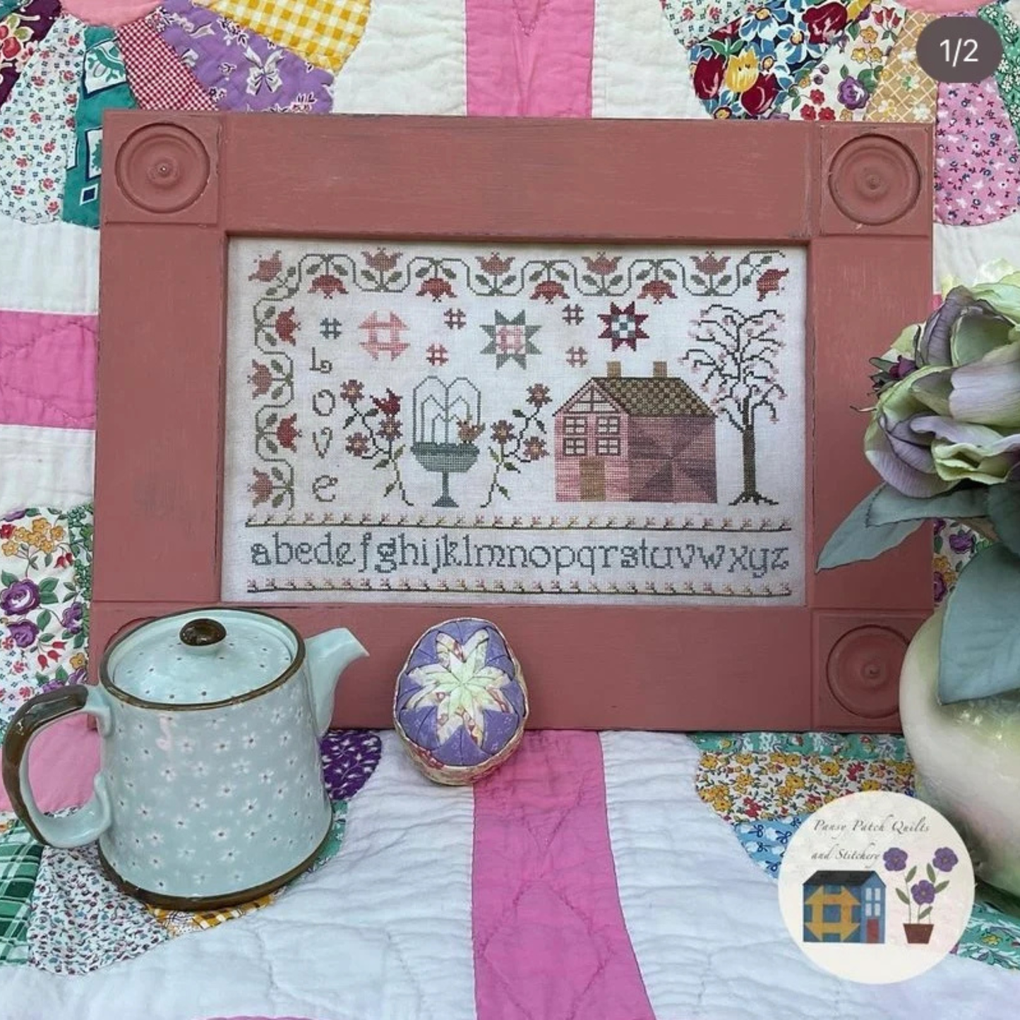 Pansy Patch Quilts and Stitchery - Love: Spring at Pansy Patch Manor - Cross Stitch Chart and/or Roxy Floss Co Threads