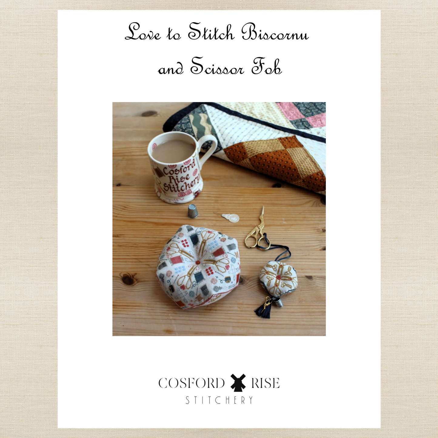 Cosford Rise Stitchery - Love to Stitch Biscornu and Scissor Fob - Booklet Chart with Roxy Floss Co Conversion