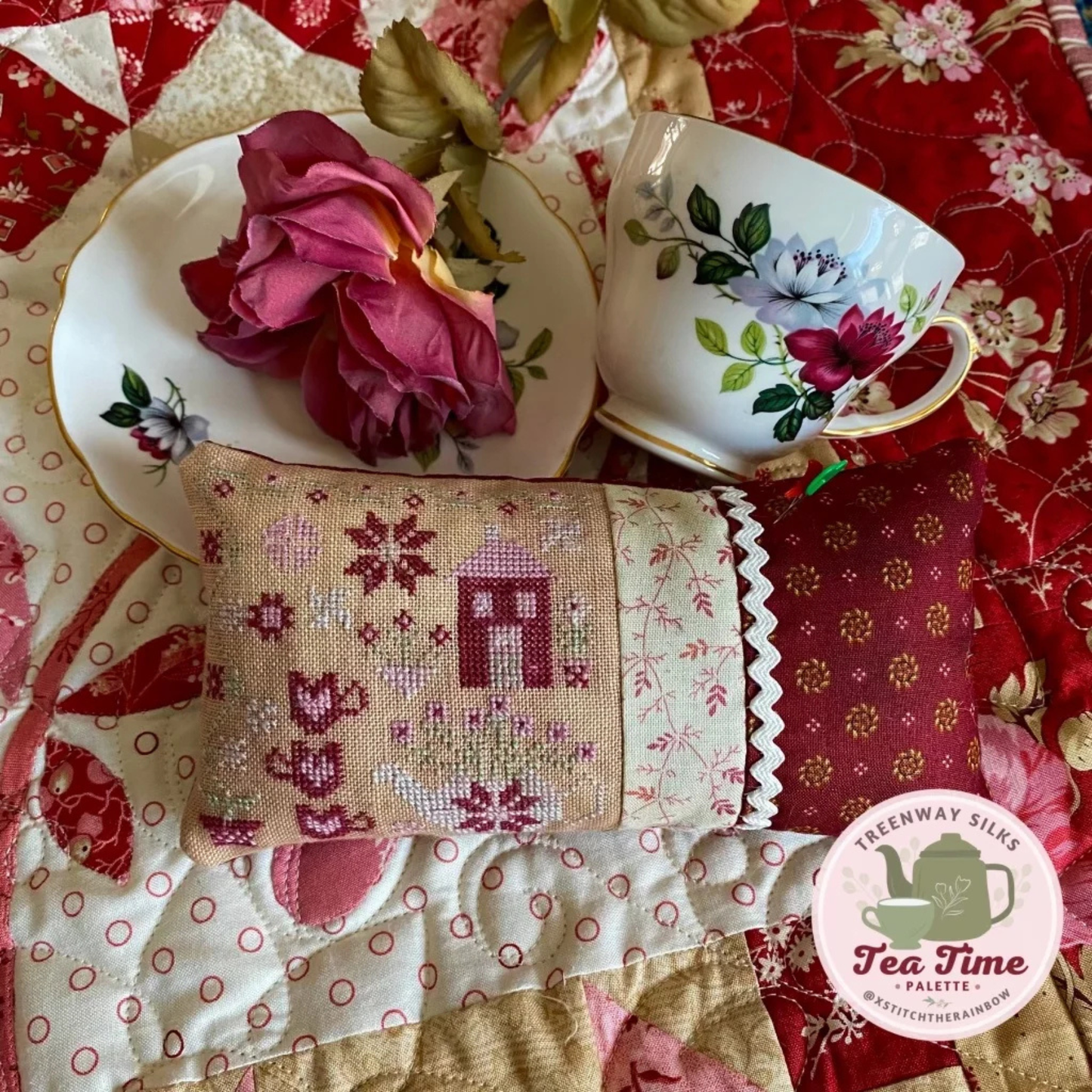 Pansy Patch Quilts and Stitchery - Tea Garden Pin Pillow - Cross Stitch Chart and/or Roxy Floss Co Threads