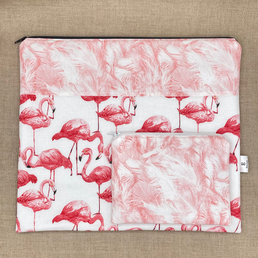 Fanciful Flamingos - Project Bag with Coordinating Notions Pouch and Enamel Needle Keep