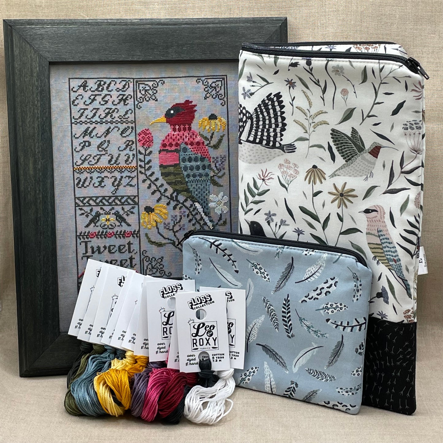 Quaint Rose Needlearts, Roxy Floss Co, and Evertote: Tweet Tweet Full Kit - with White Project Bag Set, Booklet Chart, and Roxy Floss