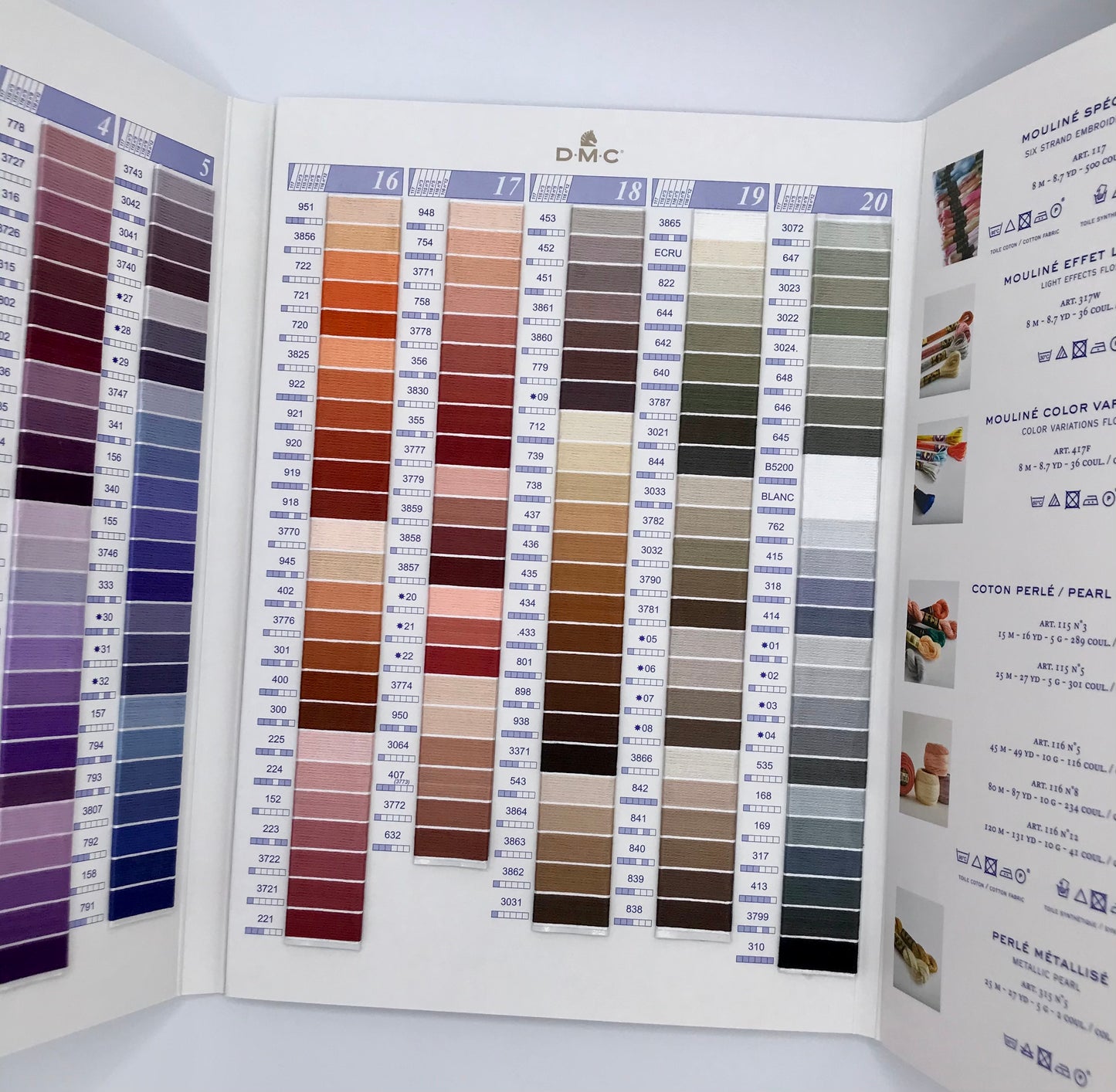 DMC Colour Card - Contains Real Thread/Embroidery Floss Samples (454 Colours + 35 NEW Solid Colours & 18 Variegated DMC Six-Strand Floss Colours)