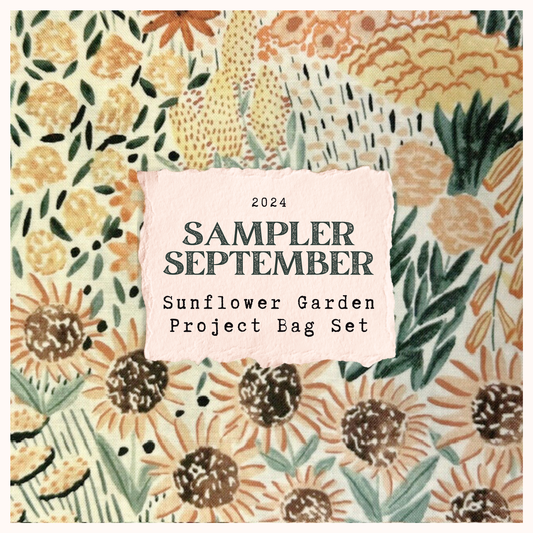 Maximum Cross Stitch, Evertote, Roxy Floss Co, and Timber Yarns - Sampler September 2024 - Sunflower Garden Project Bag Set
