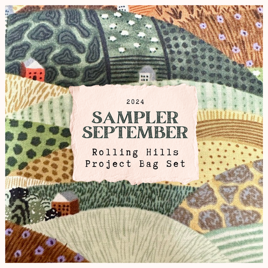 Maximum Cross Stitch, Evertote, Roxy Floss Co, and Timber Yarns - Sampler September 2024 - Rolling Hills Project Bag Set