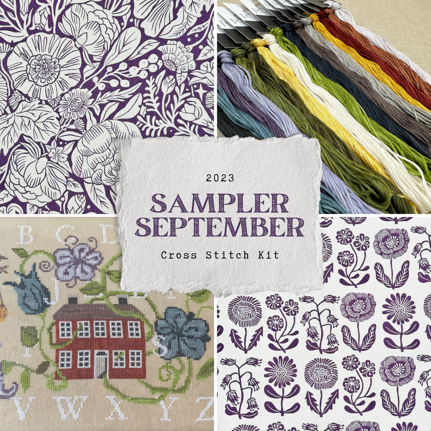 Maximum Cross Stitch, Evertote, Roxy Floss Co, and Timber Yarns - Sampler September 2023 Cross Stitch Kit with Purple Project Bag Set