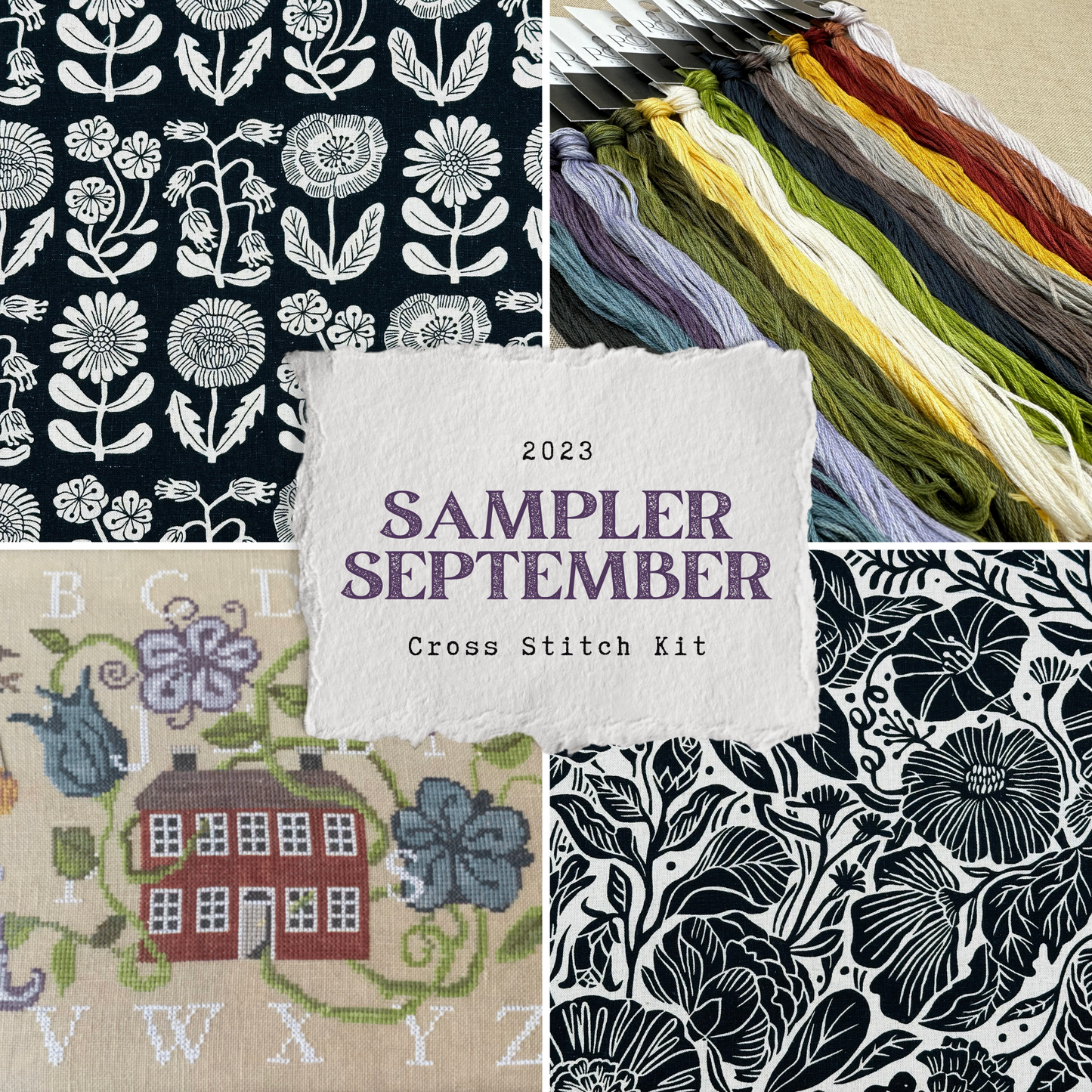 Maximum Cross Stitch, Evertote, Roxy Floss Co, and Timber Yarns - Sampler September 2023 Cross Stitch Kit with Black Project Bag Set