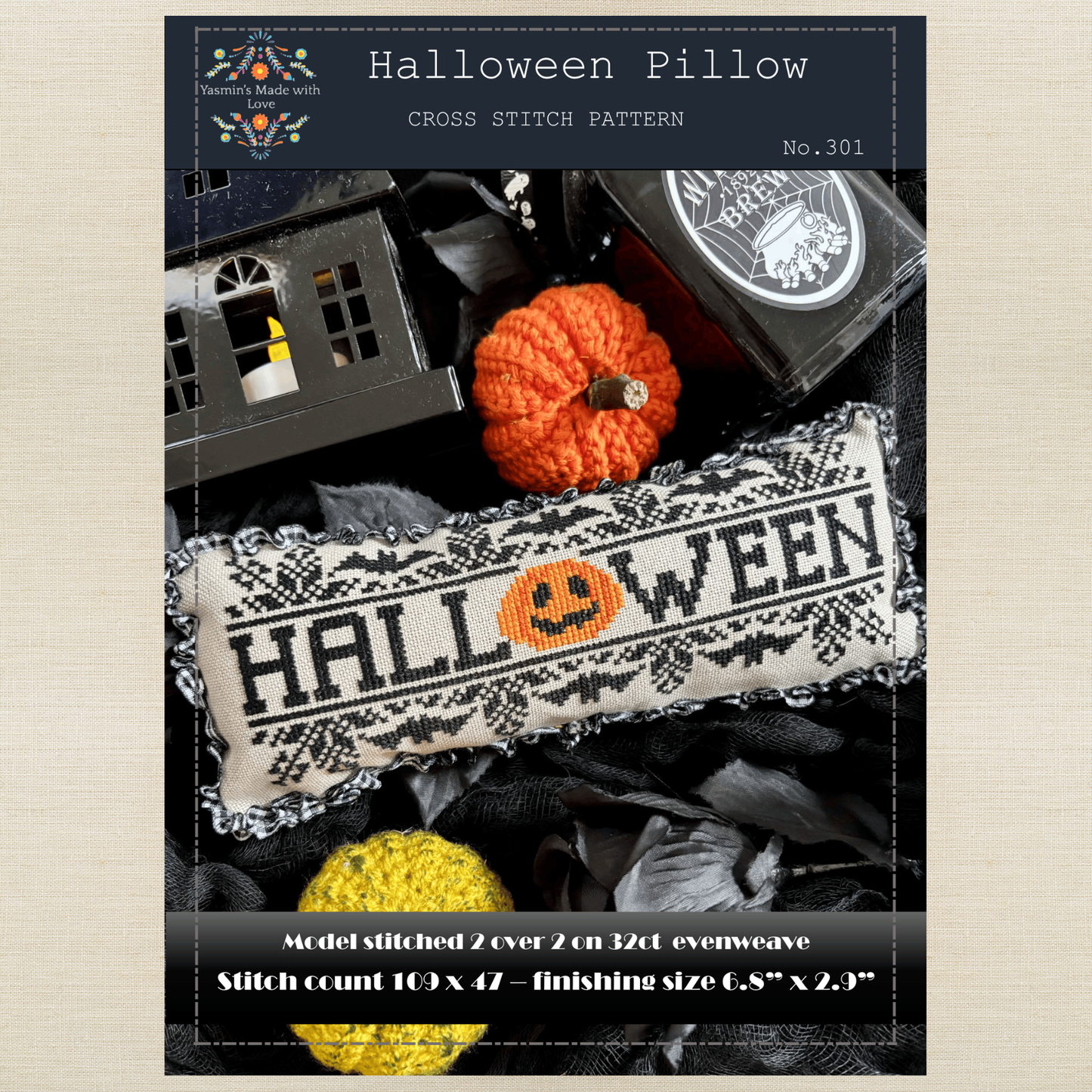 Yasmin's Made with Love - Halloween Pillow - Chart IH and/or Roxy Floss Conversion