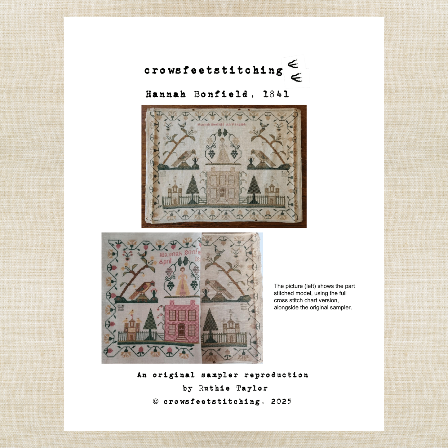 Crowsfeetstitching - Hannah Bonfield, 1841 - Booklet Chart and/or Roxy Floss Pack