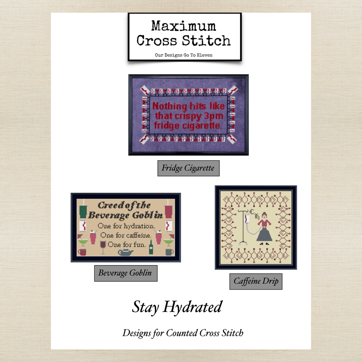 Maximum Cross Stitch - Stay Hydrated- Booklet Chart IH and/or Roxy Floss