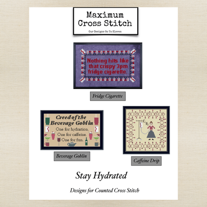 Maximum Cross Stitch - Stay Hydrated- Booklet Chart IH and/or Roxy Floss