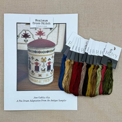 Maximum Cross Stitch - Ann Oakley 1839: A Pin Drum Adapted From An Antique Sampler - Booklet Chart and/or Roxy Floss Pack