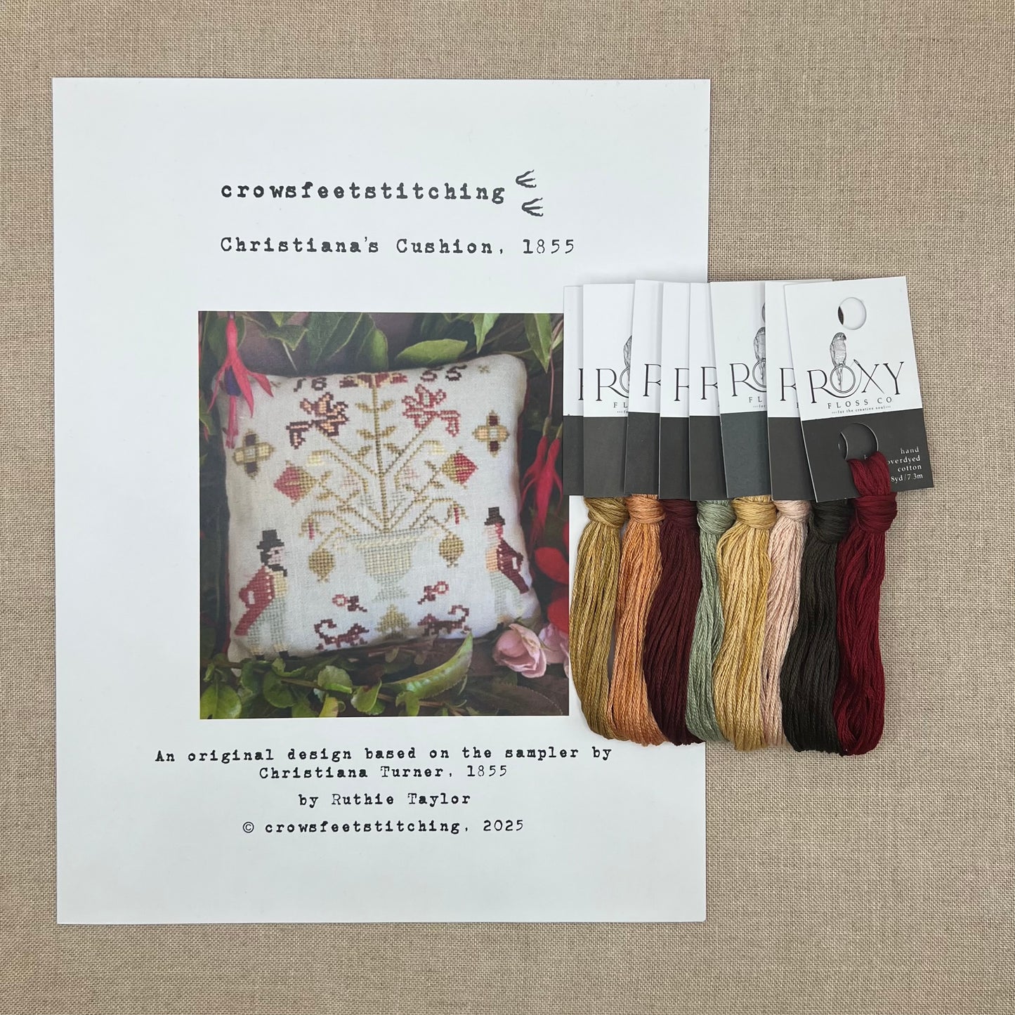Crowsfeetstitching - Christiana's Cushion, 1855 - Booklet Chart and/or Roxy Floss Pack