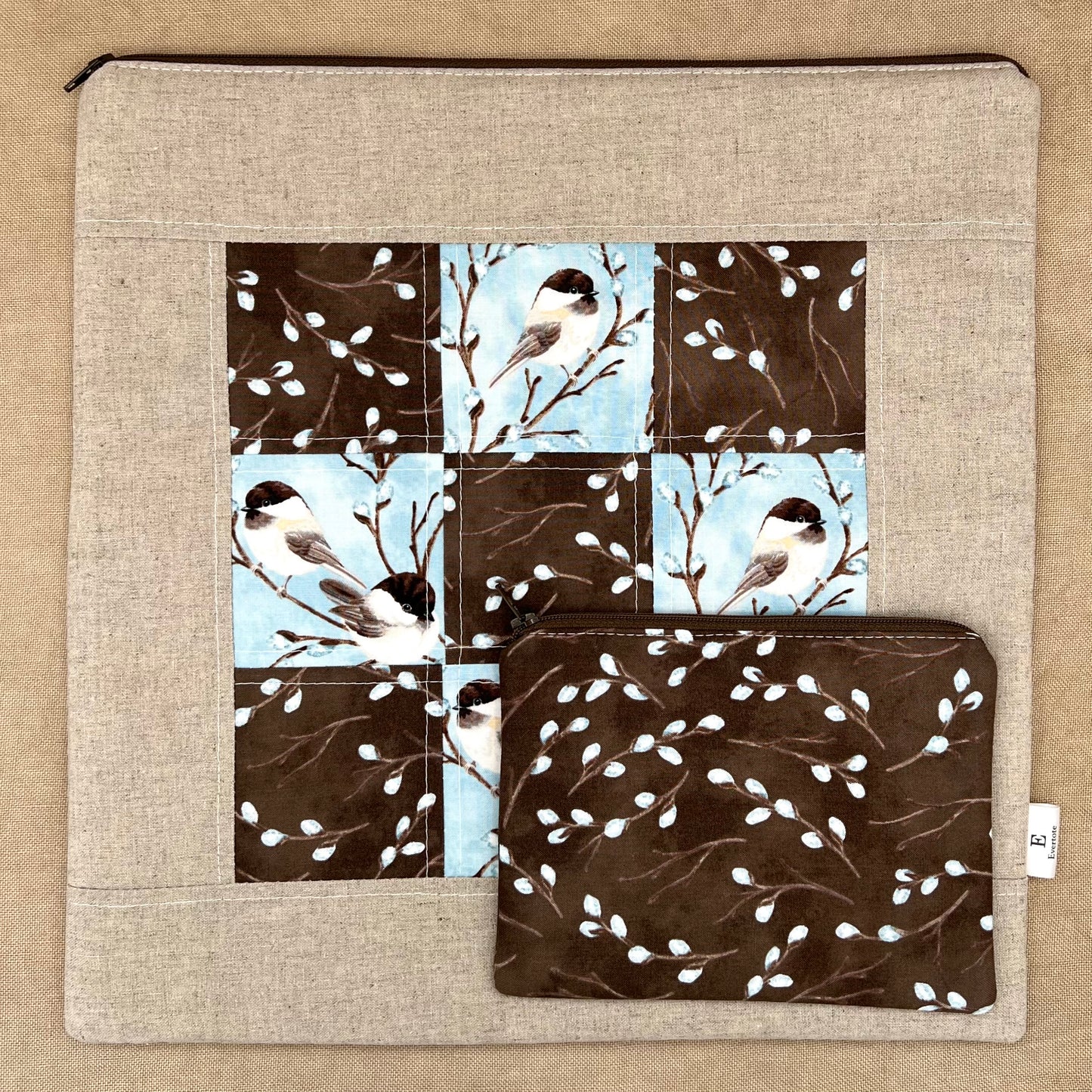 Quilted Chickadees - Large Flat Project Bag