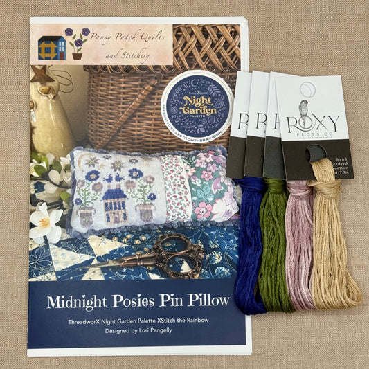 Pansy Patch Quilts and Stitchery - Midnight Posies - Cross Stitch Chart and/or Roxy Floss Co Threads