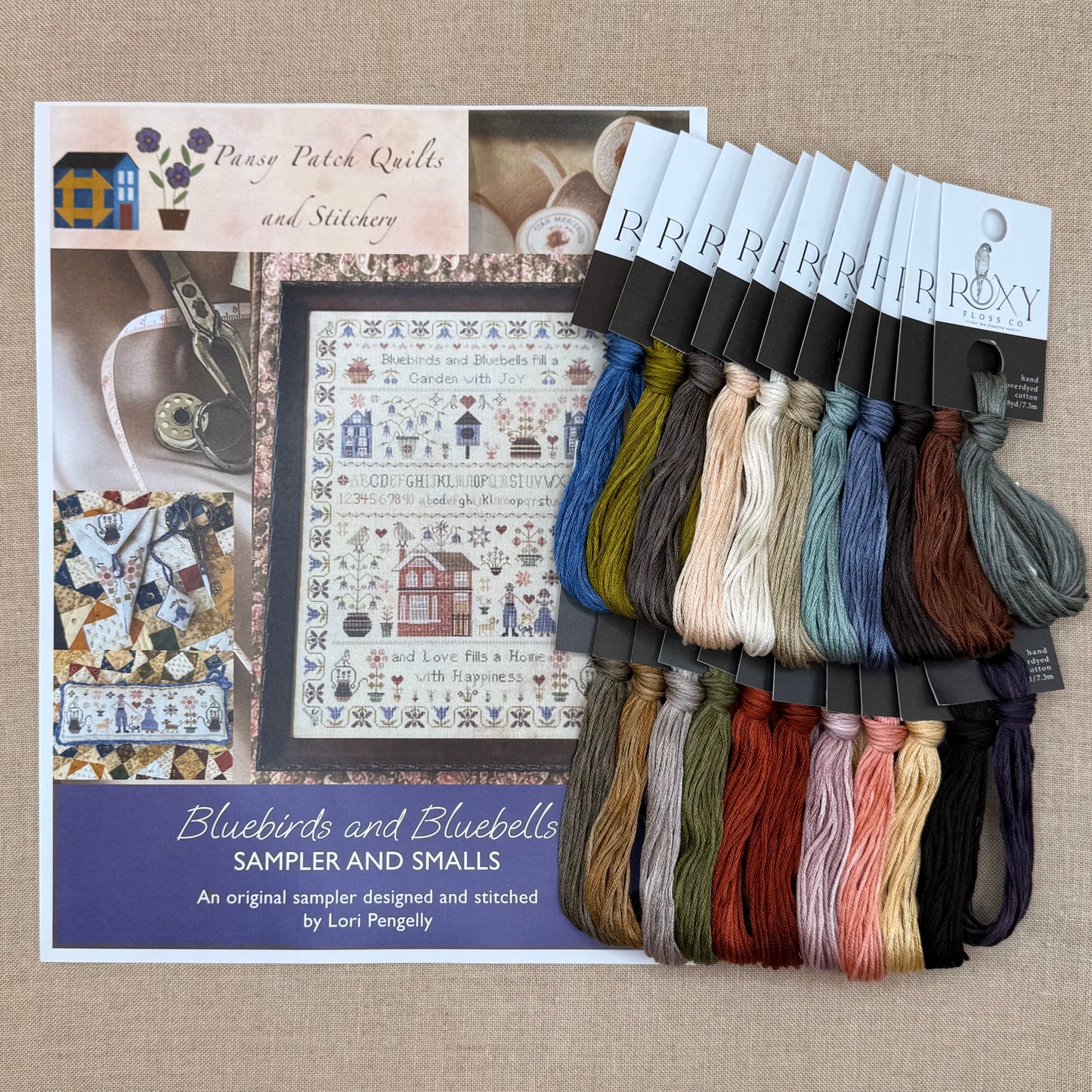 Pansy Patch Quilts and Stitchery - Bluebirds and Bluebells Sampler and Smalls - Cross Stitch Chart and/or Roxy Floss Co Threads