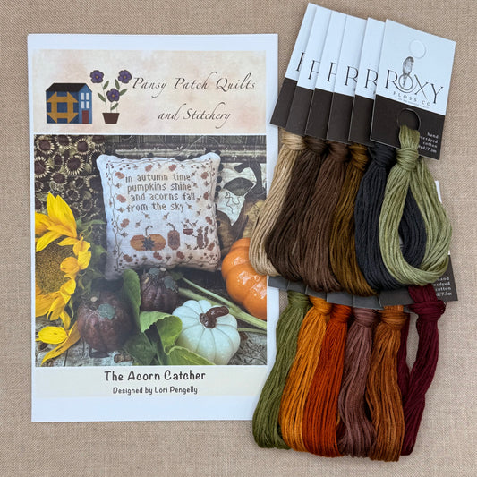 Pansy Patch Quilts and Stitchery - The Acorn Catcher - Cross Stitch Chart and/or Roxy Floss Co Threads