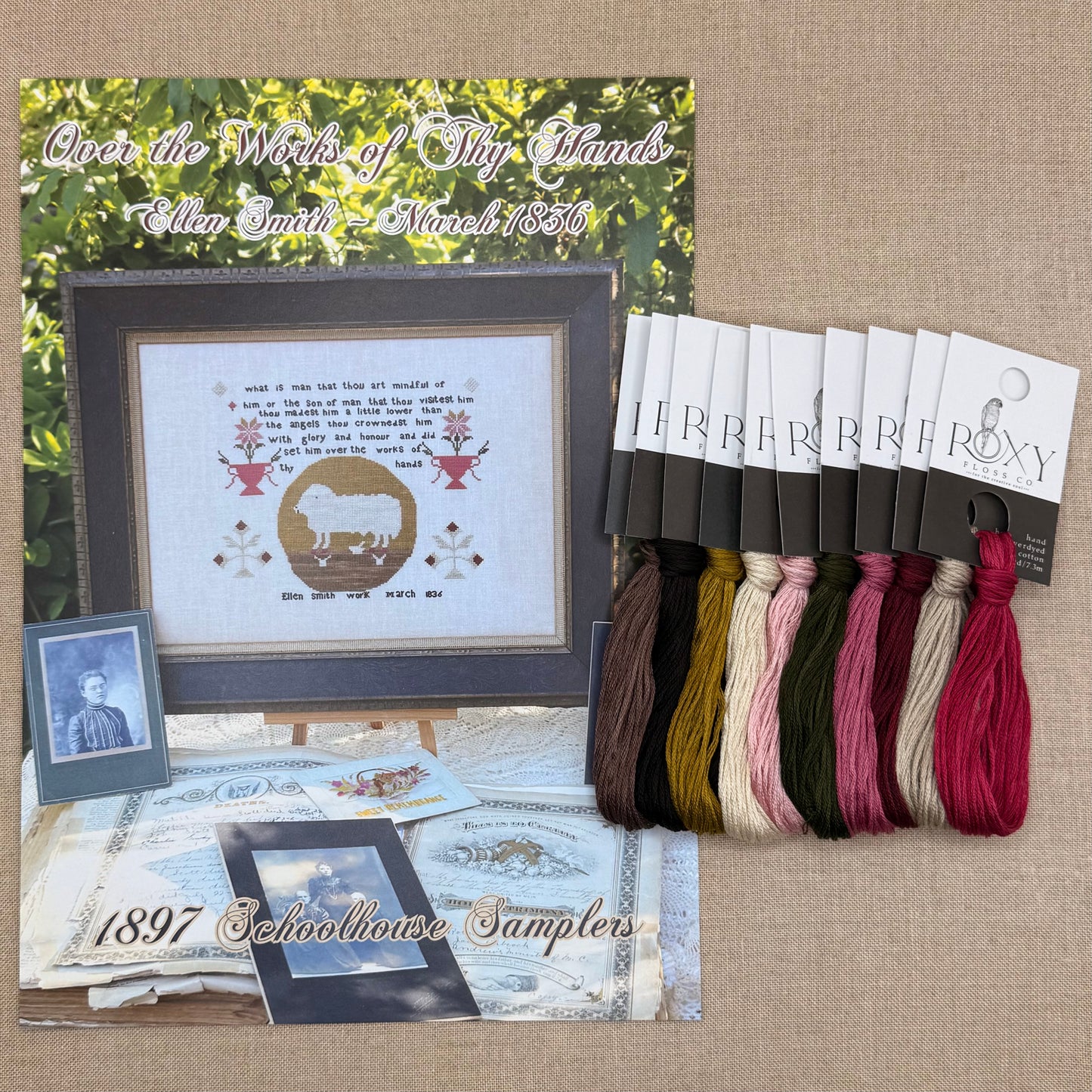 1897 Schoolhouse Samplers - Over the Works of Thy Hands: Ellen Smith ~ March 1836 -  Physical Chart and/or Roxy Floss