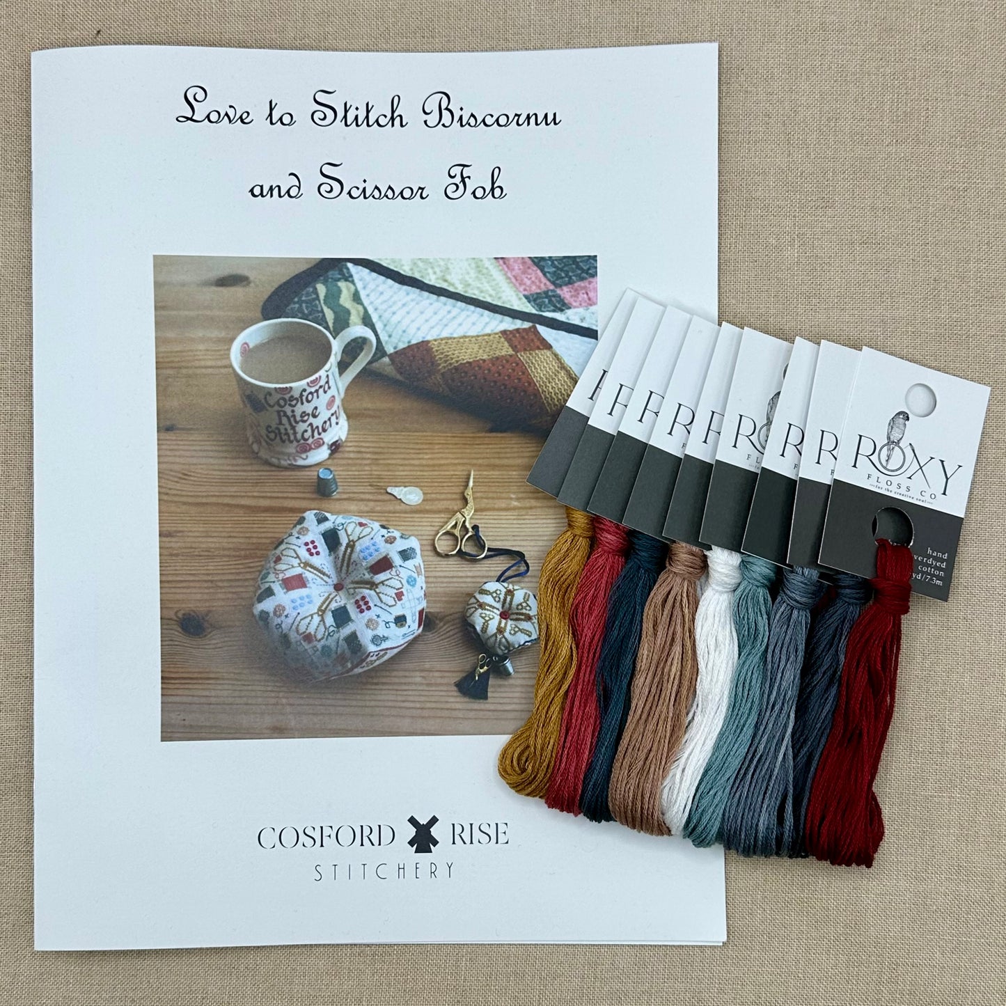 Cosford Rise Stitchery - Love to Stitch Biscornu and Scissor Fob - Booklet Chart with Roxy Floss Co Conversion
