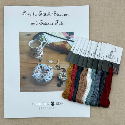 Cosford Rise Stitchery - Love to Stitch Biscornu and Scissor Fob - Booklet Chart with Roxy Floss Co Conversion