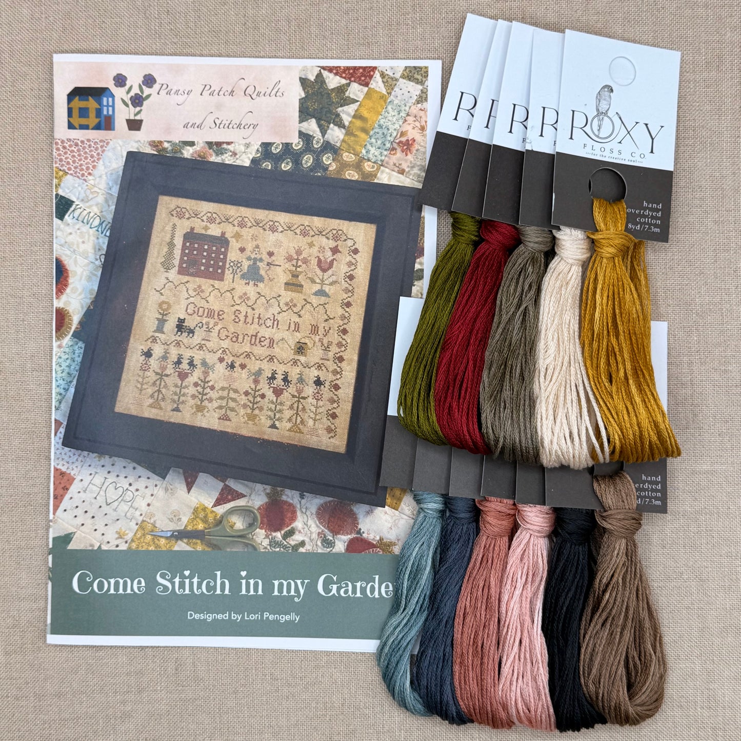 Pansy Patch Quilts and Stitchery - Come Stitch in My Garden - Cross Stitch Chart and/or Roxy Floss Co Threads