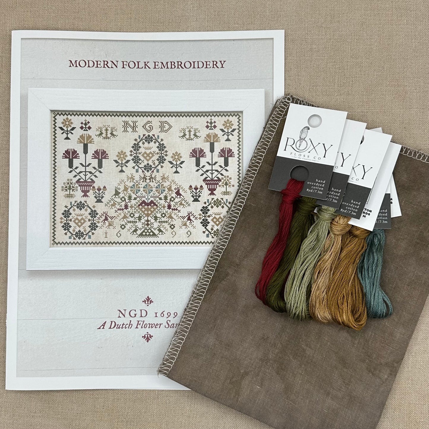 Modern Folk Embroidery - NGD 1699: A Dutch Flower Sampler Mini Kit - Chart, Floss, and Linen