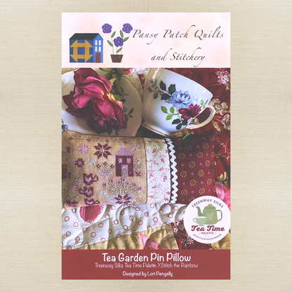 Pansy Patch Quilts and Stitchery - Tea Garden Pin Pillow - Cross Stitch Chart and/or Roxy Floss Co Threads