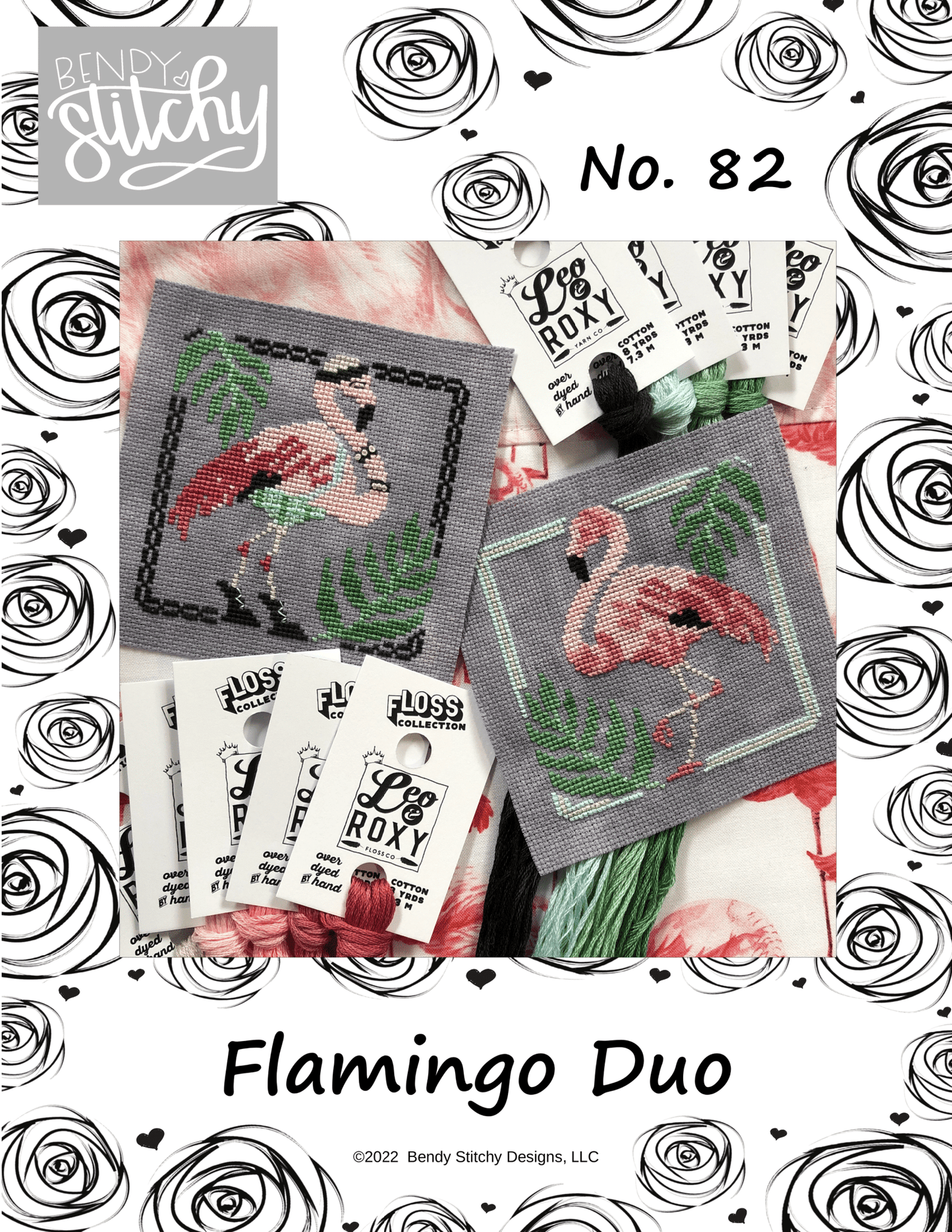 Bendy Stitchy Designs, Roxy Floss Co, and Evertote: Flamingo Duo Full Kit - with Bag Set, PDF Chart, Roxy Floss, and Enamel Needleminder
