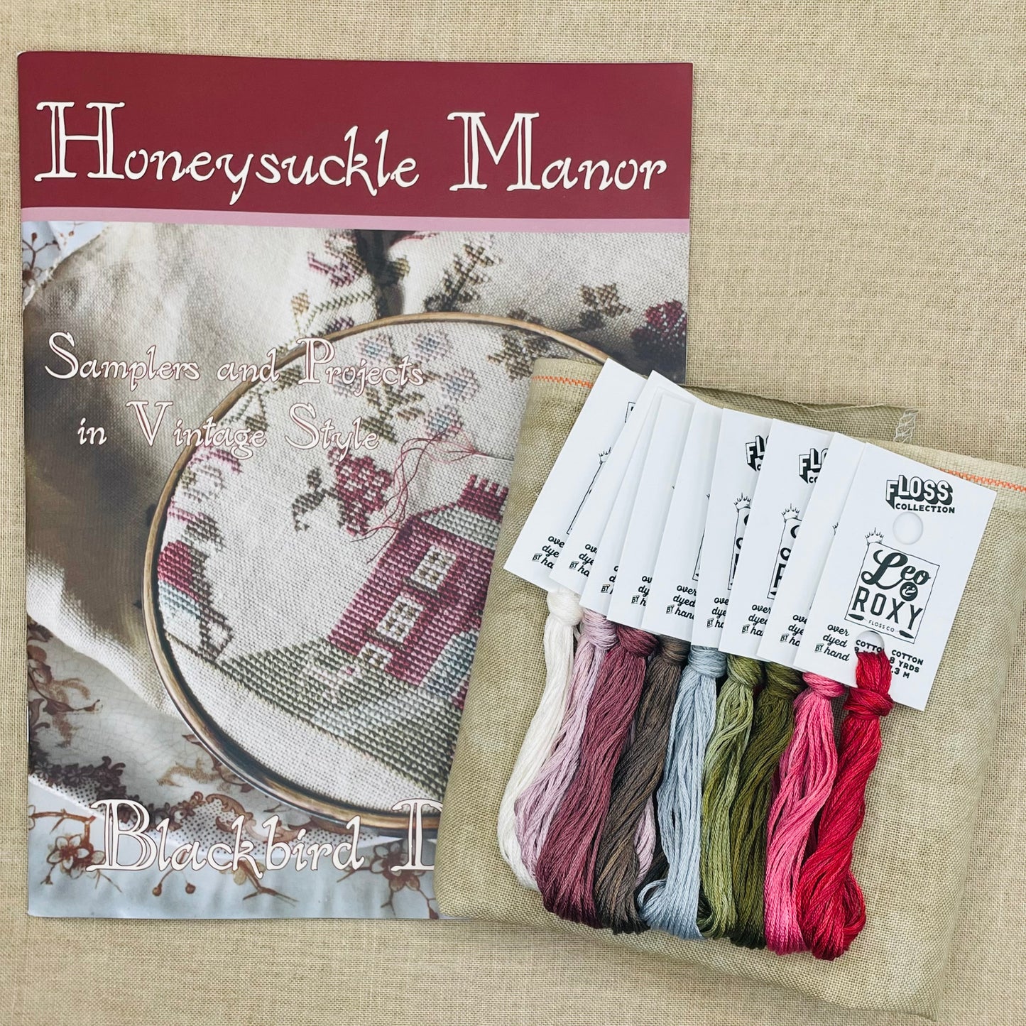 Blackbird Designs - Honeysuckle Manor Pattern Book - with Roxy Floss and Linen/Aida for "Hannah Lovina Joslin 1856" and "Margaret Harris 1877"