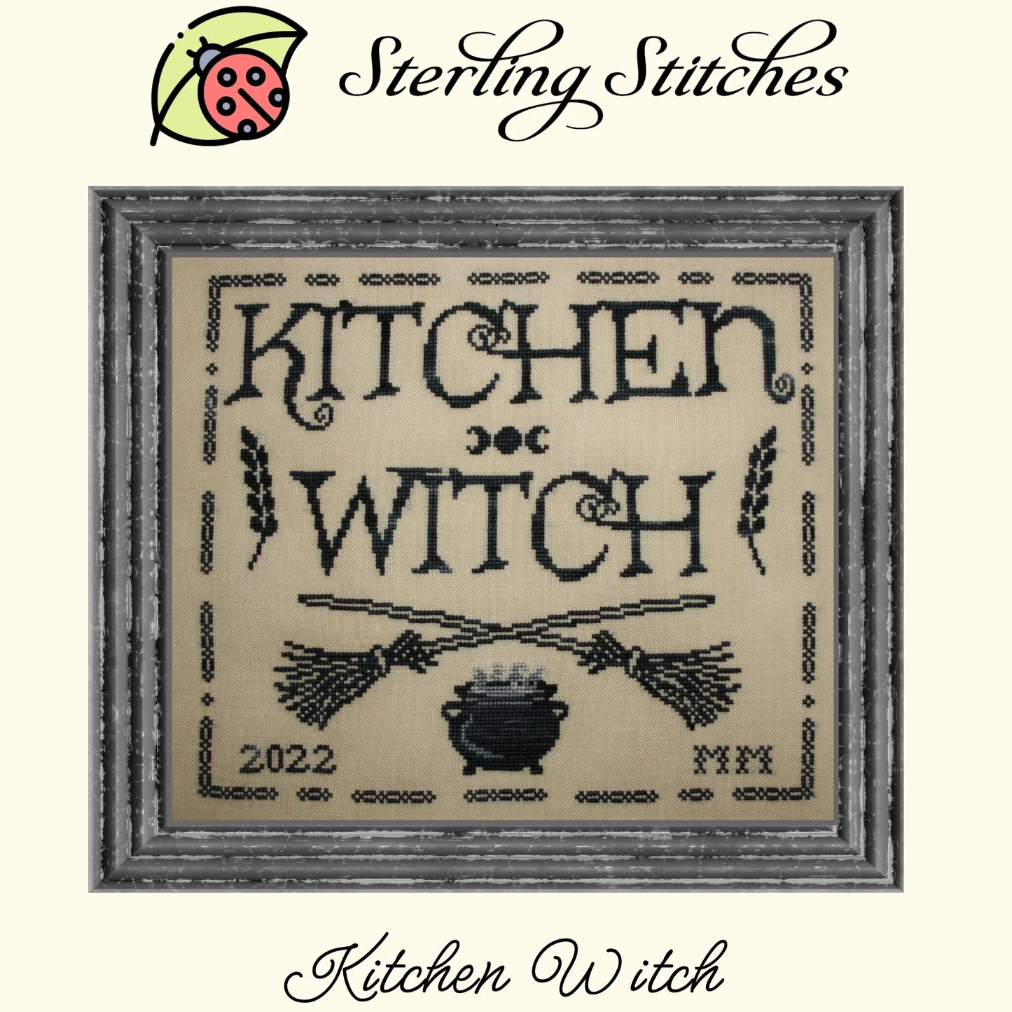 Sterling Stitches Kitchen Witch Mini Kit - PDF Chart, Roxy Floss Co 28ct Linen, and Roxy Floss