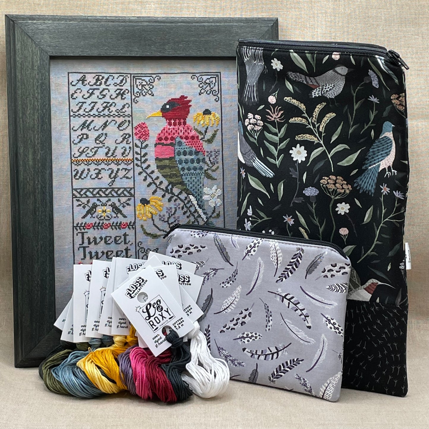 Quaint Rose Needlearts, Roxy Floss Co, and Evertote: Tweet Tweet Full Kit - with Black Project Bag Set, Booklet Chart, and Roxy Floss