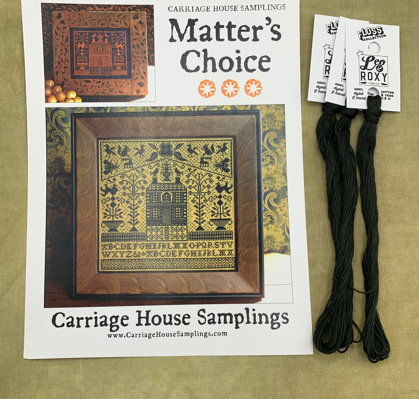 Carriage House Samplings Matter's Choice Kit - Booklet Chart, Roxy Floss Co 40ct Linen, and Roxy Floss